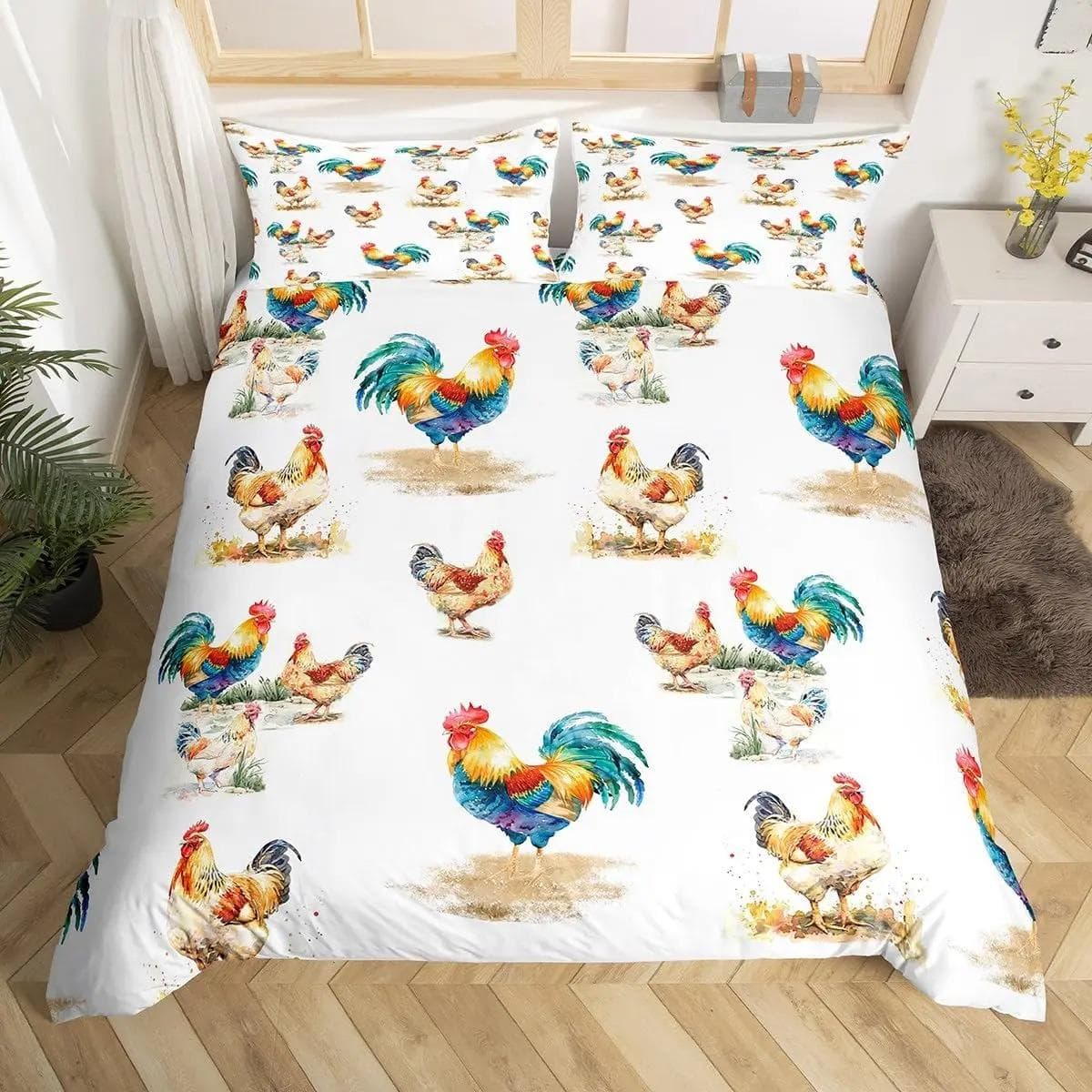 Cute Chicken Duvet Cover King Queen Colorful Rooster Bedding Set Farm Animal Comforter Cover Funny Rustic Farmhouse Quilt Cover 70x133cm 2pcs