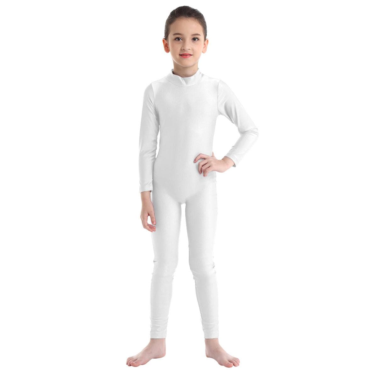 Children's Girls Long Sleeve Dance Gymnastic Leotard Unitard Full Length Bodysuit Catsuit Dancewear Costumes 7-8 Years ivory