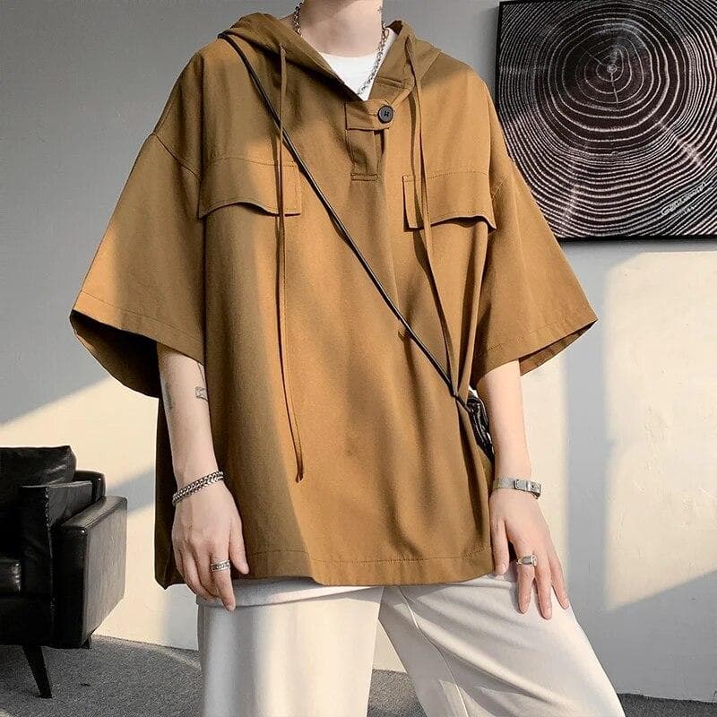 5 Colors Summer Hooded T shirt Men Korean Half Sleeve Pullover Streetwear Loose T-shirt Tops Drawstring Men Clothing 5XL-M 4XL brown