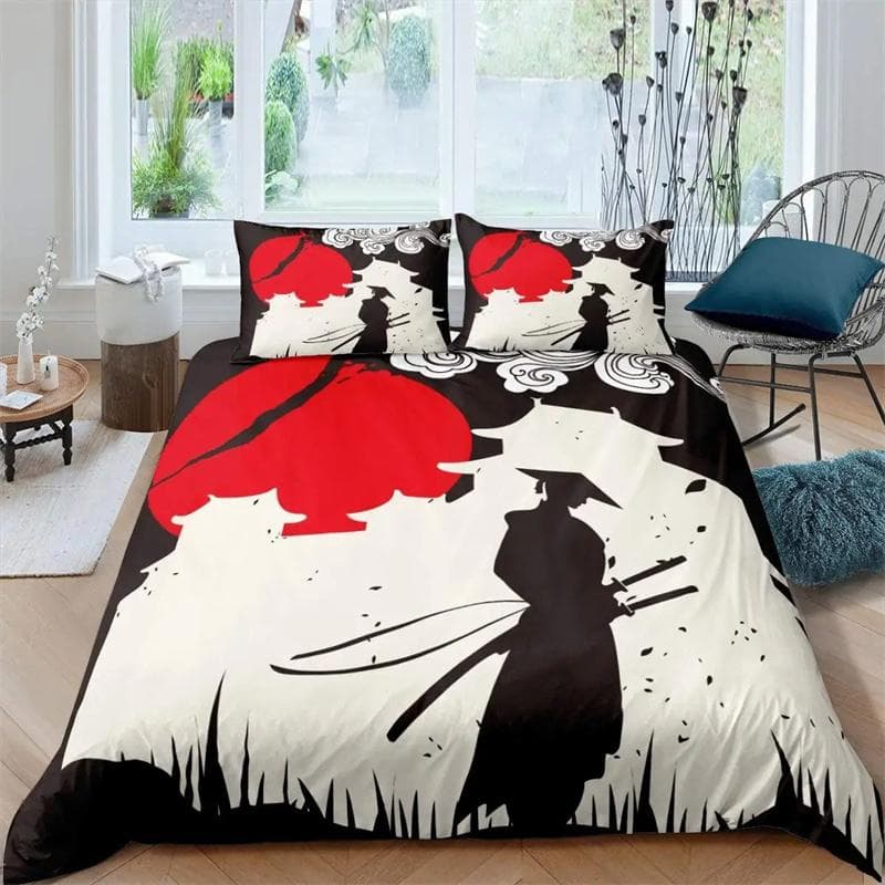 Samurai Bedding Sunset Duvet Cover Japanese Samurai Scenery Silhouette Bedding Japanese Style Bedroom Decoration for Men Gifts 135x200cm 2pcs