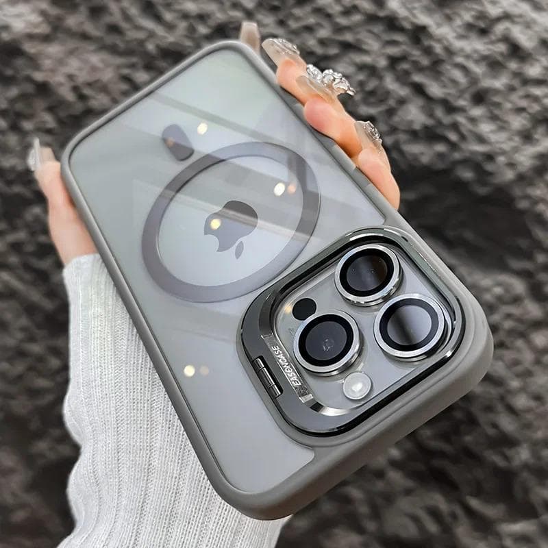 Luxury Magnetic Shockproof Phone Case For iPhone 16 15 14 13 12 11 Pro Max Plus Funda Stand Glass Lens Protection Back Cover iPhone 15 gray