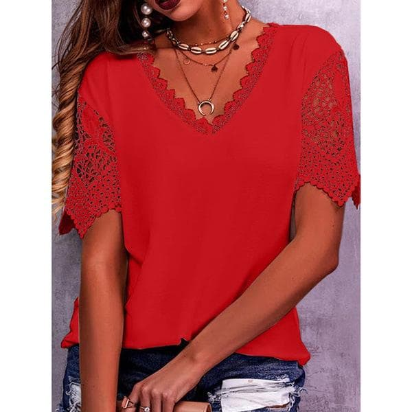 GMXIA Women's Fashion Casual Summer Spring Solid Color Print Lace Stitching Short Sleeve V-Neck T-shirts and Loose Tops M red