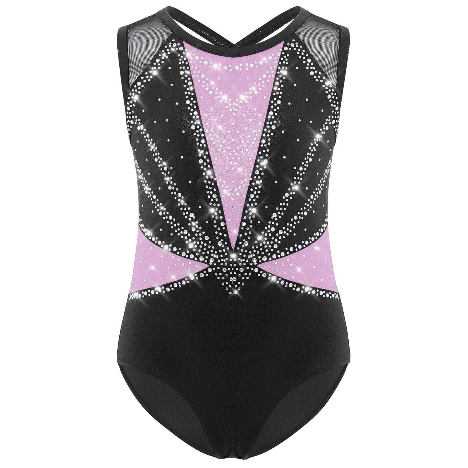 Kids Girls Crisscross Back Leotard Sleeveless Round Neck Shiny Rhinestones Metallic Dance Costume 11-12 Years light purple