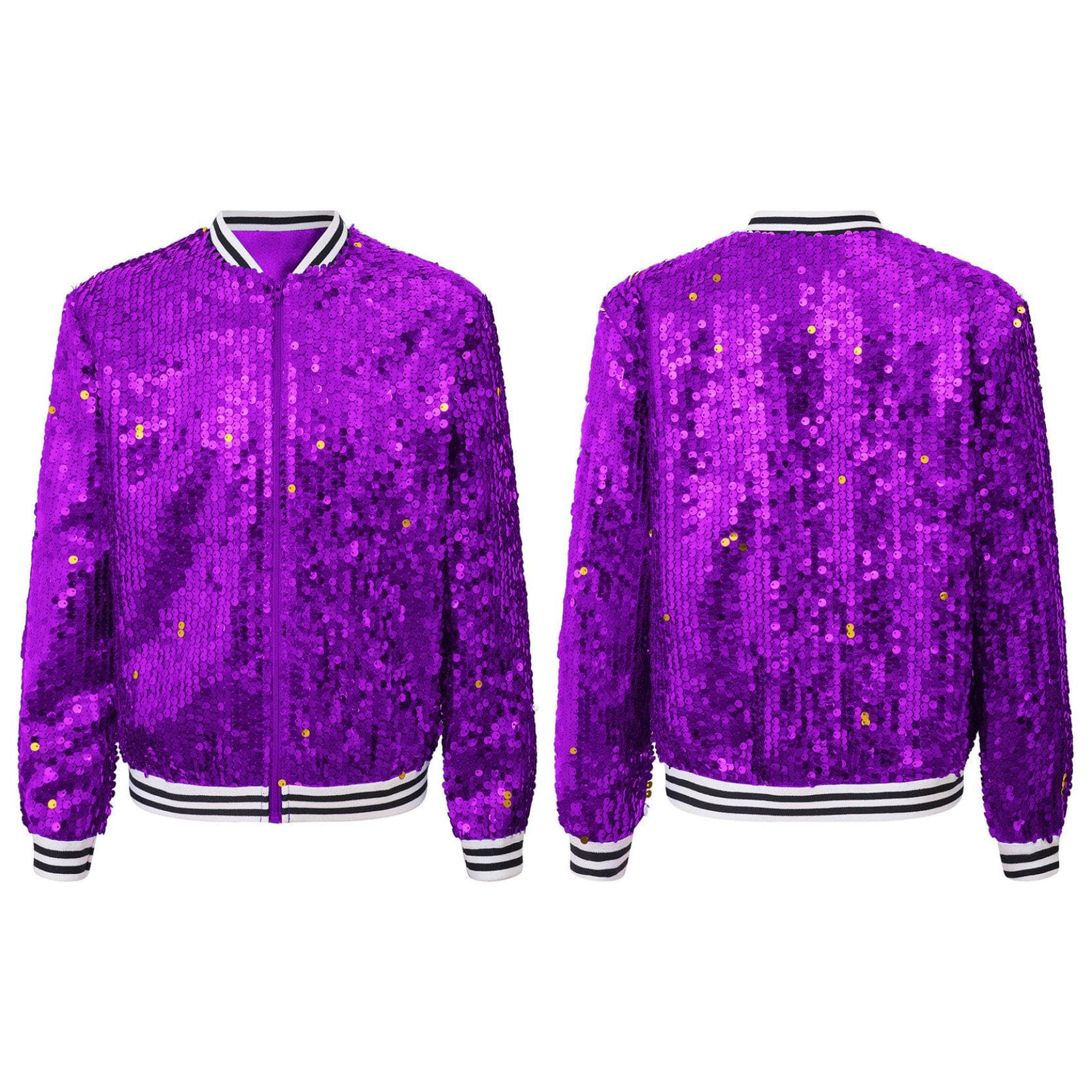 Kids Girls Sequin Bomber Jackets Zip up Shiny Long Sleeve Flight Jacket Coat Outwear Hip Hop Outfits 7-8 Years purple