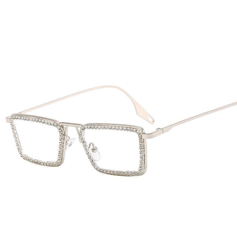 Diamond Small Rectangular Sunglasses Women Metal Frame Crystal Shades Clear Lens Rhinestone Luxury Brand Sun Glasses as picture