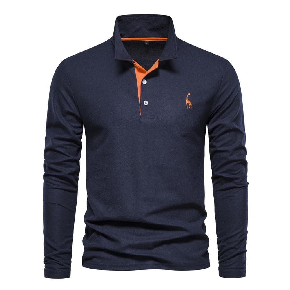 AIOPESON Giraffe Embroidery Men's Polo Shirts Solid Color Long Sleeve Polo Shirts for Men New Spring Social Business Polos Male M 70-80kg Dark blue