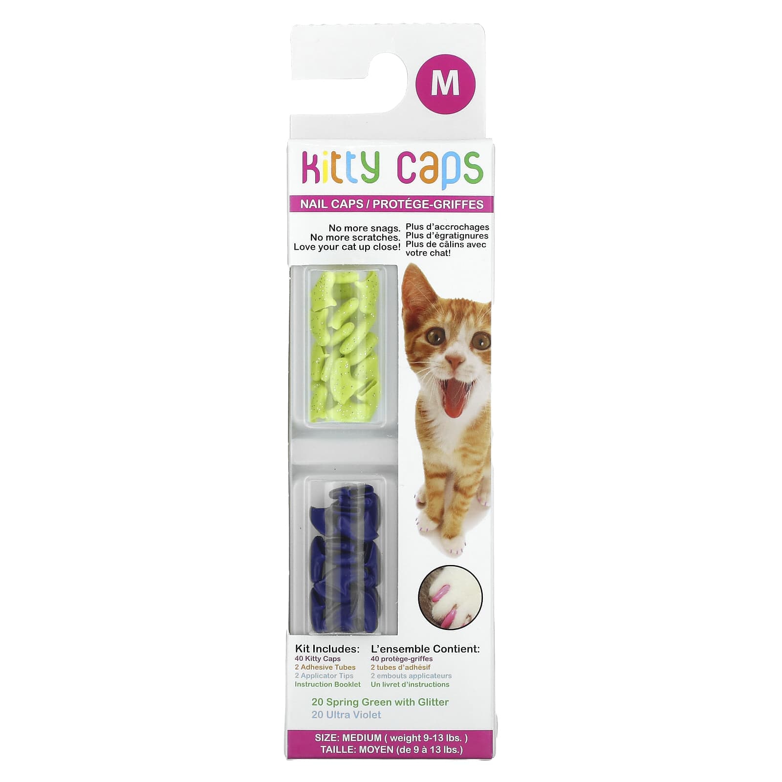 Kitty Caps, nail cap kit, medium, spring green, with glitter, ultra violet, 44-piece kit