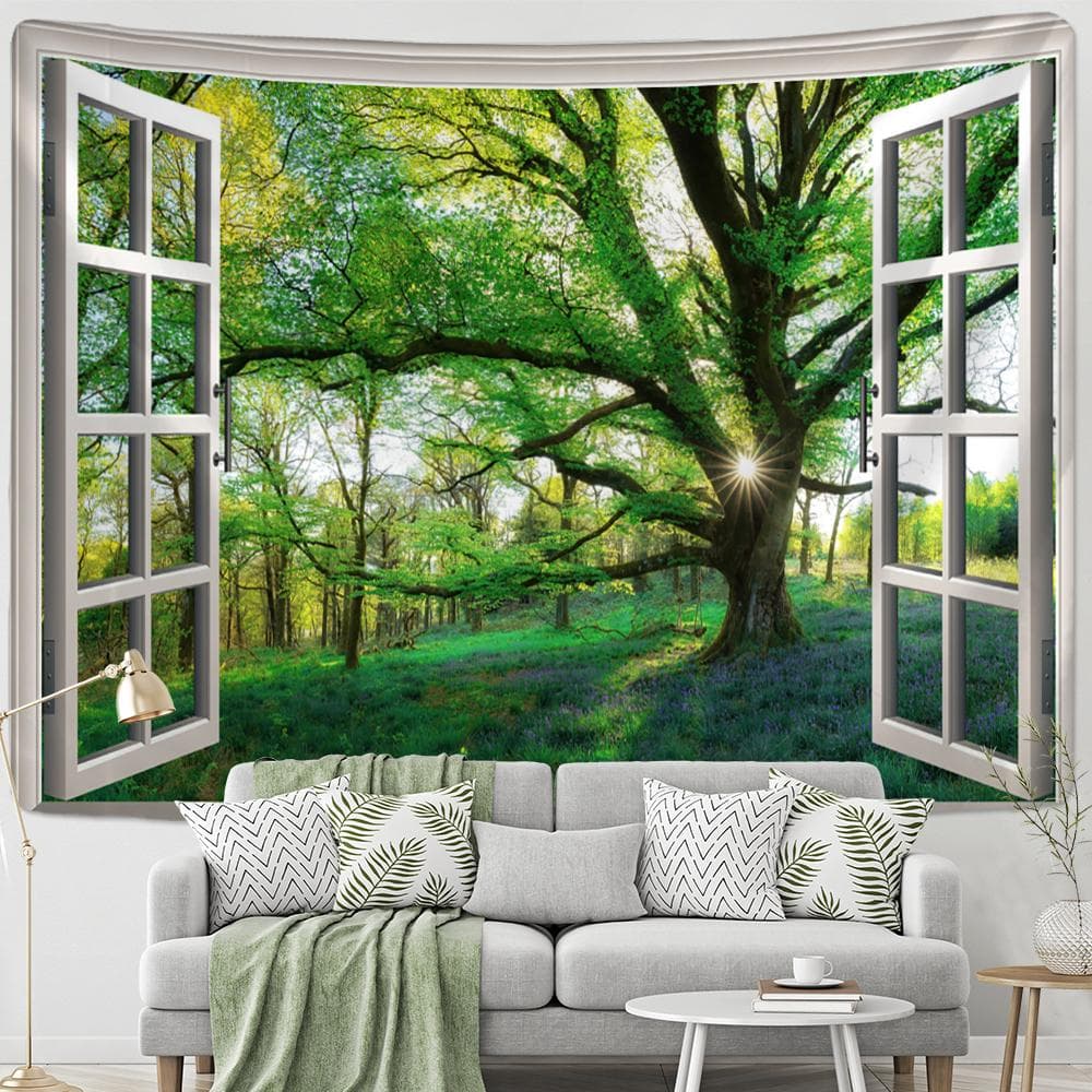 Window Woods View Tapestry Wall Hanging Polyester Blanket Psychedelic Hippie Boho Style Living Room Decor 230x180cm