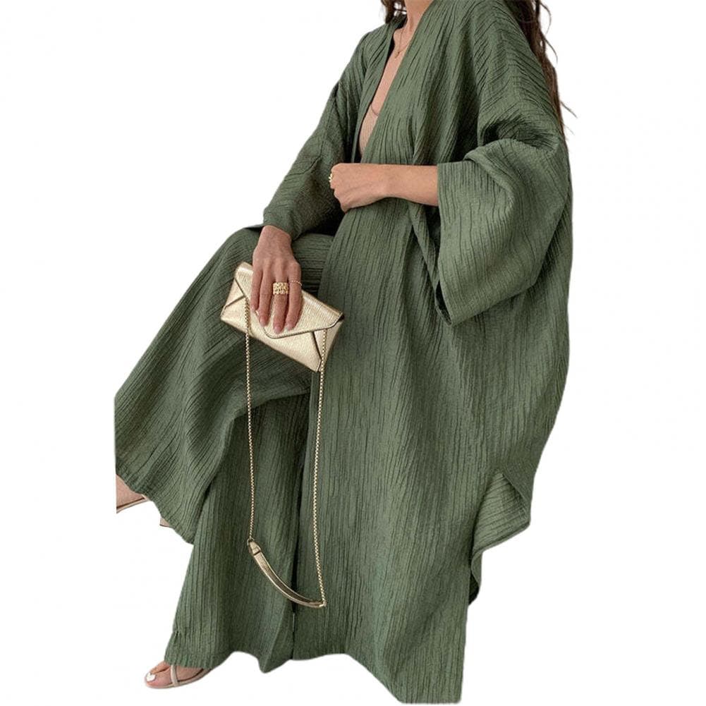 Women Cardigan Pants Suit Women's Casual Pleated Cardigan Wide Leg Pants Set with Elastic Waist Pockets 2 Piece Outfit for Daily XXL green