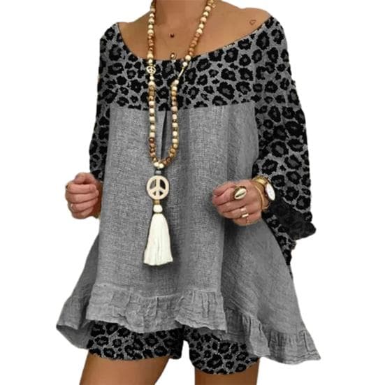 Casual Women Outfit 3/4 Sleeve Leopard Patchwork O Neck Loose T-shirt Shorts for Daily Life L