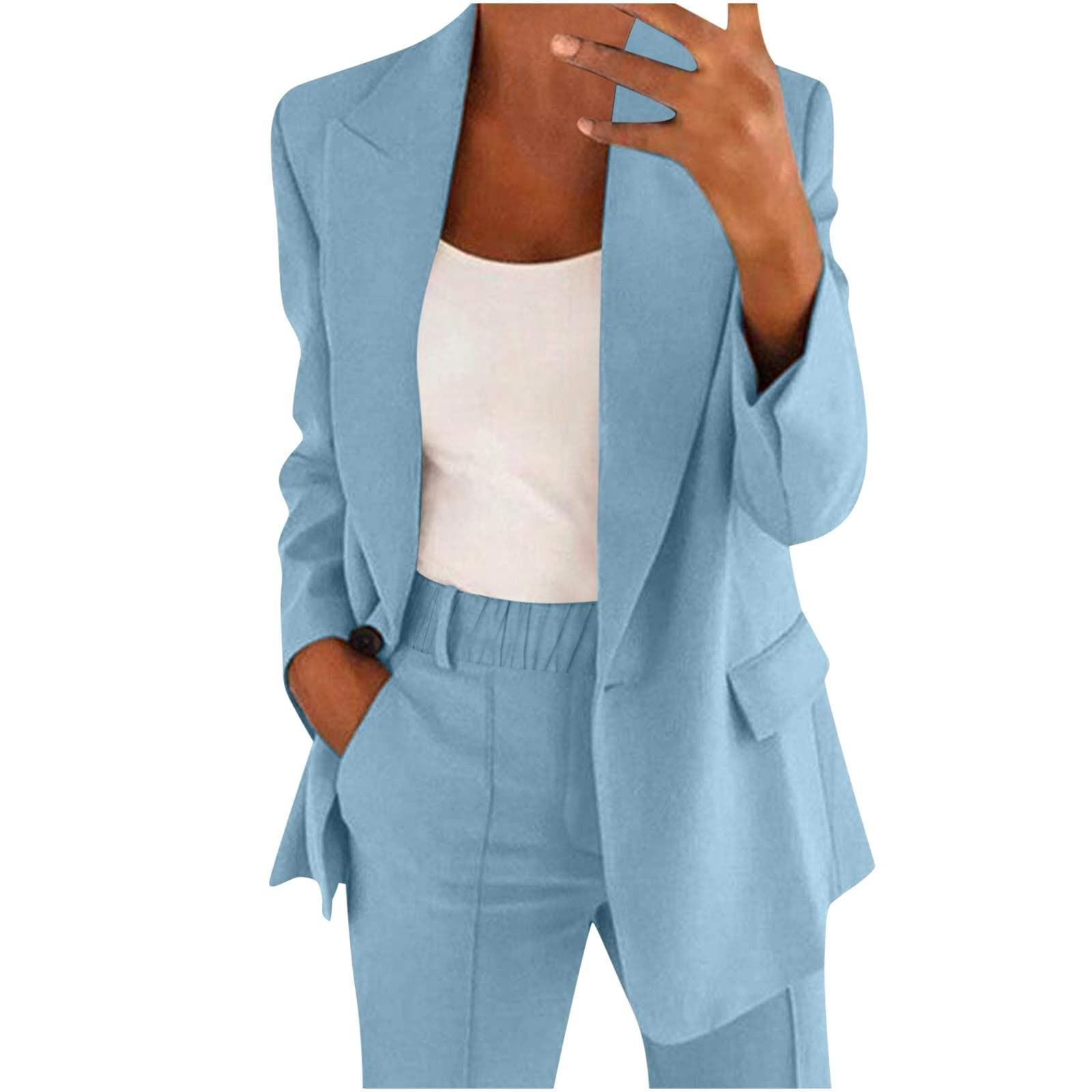 Women's Casual Long Sleeve Solid Color Lapel Cardigan Suit Jacket Pants Suit XXXXL