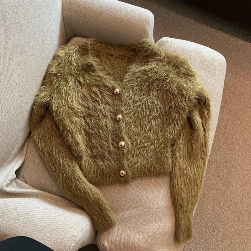Vintage Cropped Mohair Knitted Cardigan Women V Neck Sweater Coat Streetwear Korean Black White Knitwear Solid Slim Jumpers XS green