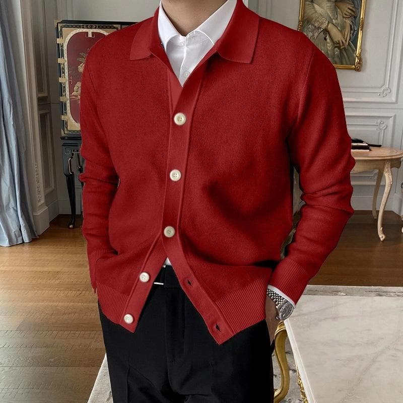 2024 Spring Autumn New Cotton Knitted Cardigan Slim Long Sleeve Button Korean Men's Fashion Lapel Sweater Simple Casual Coat XL red