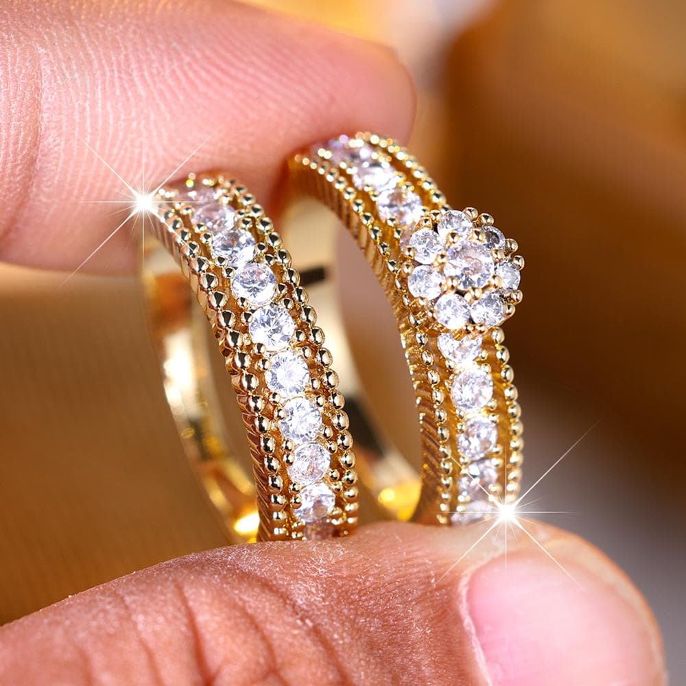 Fashion 2 Piece Set Flower Shaped Zircon Rings Set for Women Luxury Elegant Engagement Rings Party Jewelry Gifts 8 gold/white