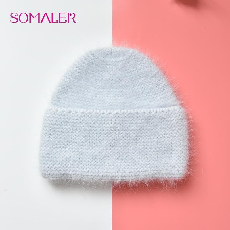 SOMALER Winter Fluffy Wool Warm Hats for Women Angora Wool Beanie Fashion Wide Cuff Hat for Girls Colorful Thick Caps light blue