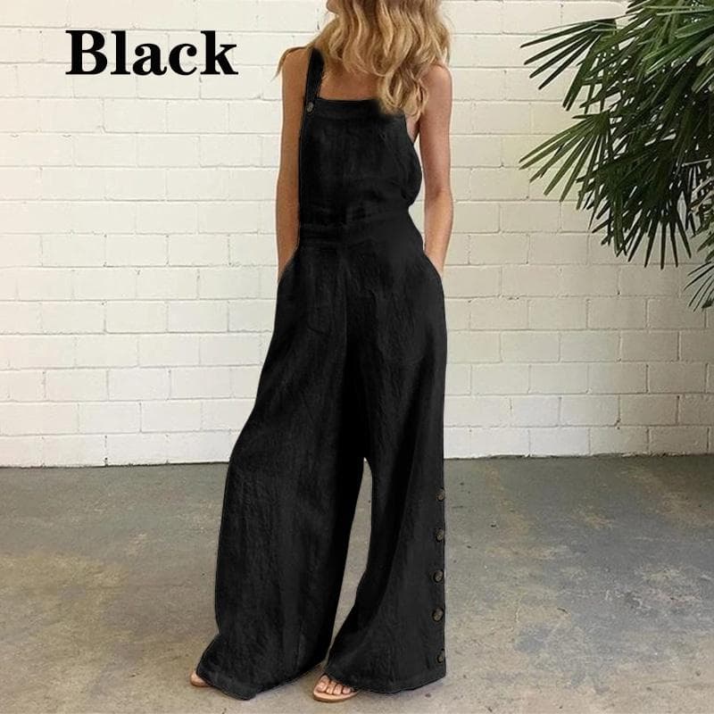 New Women Square Neck Sleeveless Pure Cotton Wide Leg Jumpsuits M black