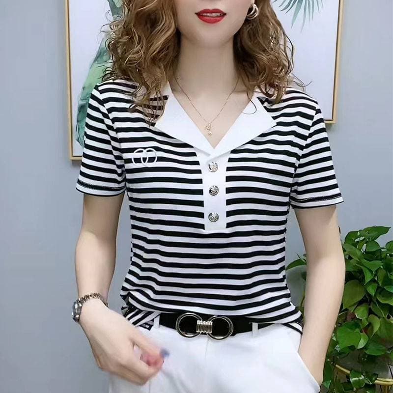 Suit Collar Top for Women In Summer New Korean Cotton Short-sleeved T-shirt for Women Slim Lapel Polo Shirt 3XL