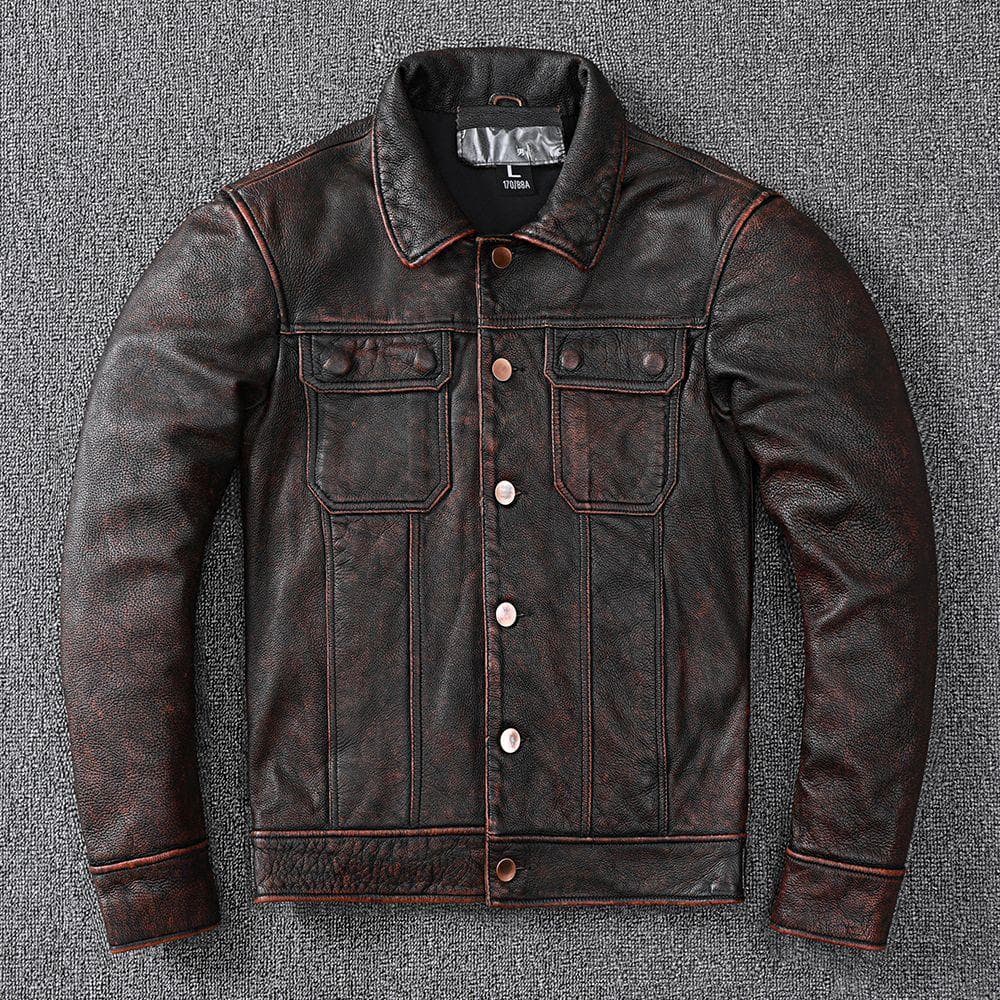Pick Up Denim Leather Jacket Pure Head Layer Cowhide Leather Men Stone Ground Made Old American Coat XL