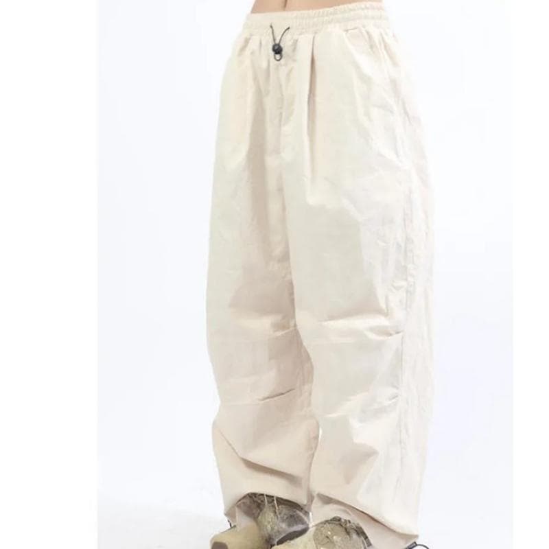 HOUZHOU Oversized Cargo Parachute Pants Women Japanese Style Gorpcore Wide Leg Joggers Hippie Baggy Vintage Sweatpants Trousers S beige