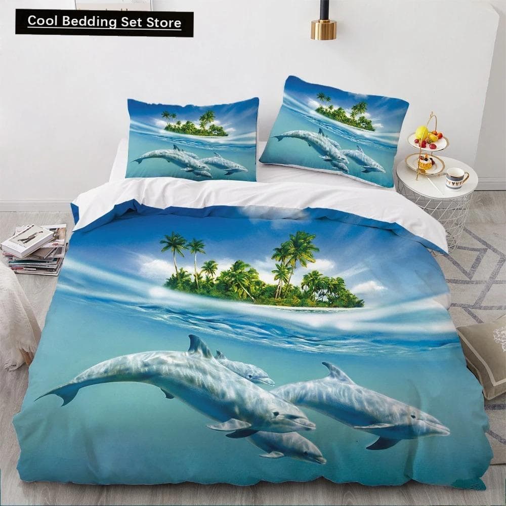 Dolphin Ocean King Queen Duvet Cover Cute 3D Sea Animal Bedding Set for Kids Teens Adults Shoal of Fish Blue 23pcs Quilt Cover 70x133cm 2pcs