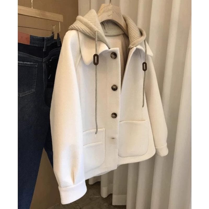 Autumn and Winter Woolen Top Splicing Knitted Hooded Woolen Coat Women's Loose Coat XL