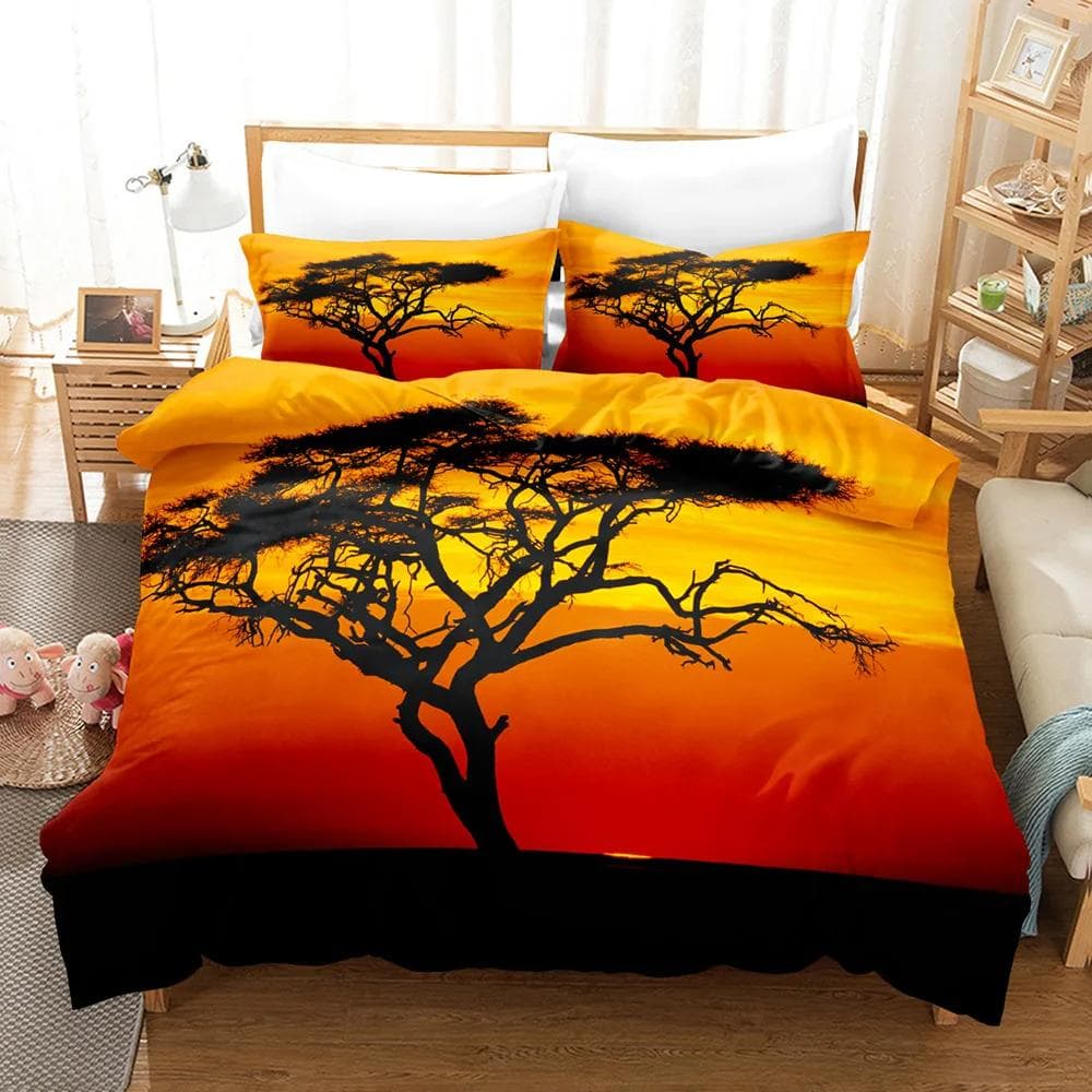 Goldon Sunset Bedding Set Tropical Beach Holiday Duvet Cover Set Girl Bed Cover Set Sunrise Quilt Cover Pillowcase Single Double 150x200cm 3pcs