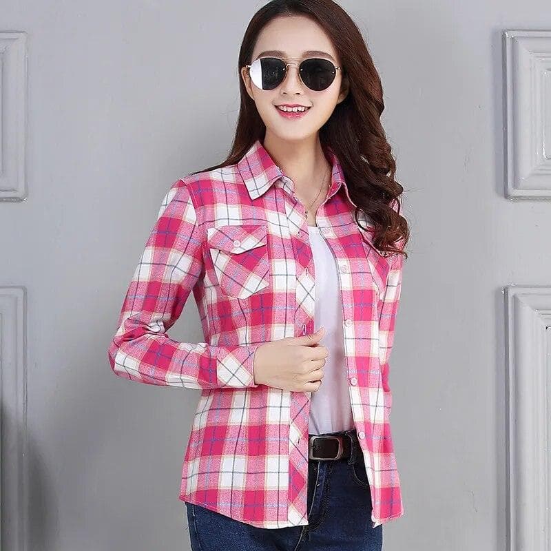 Women's Spring and Autumn Plaid Shirt Casual Long Sleeve Pocket Cotton Shirt XXXXXXL