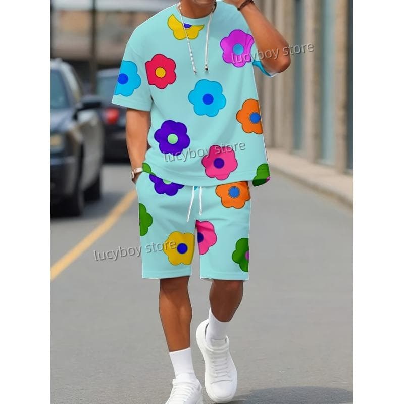 Colorful Flowers Printed Sport T-shirt+shorts Suit Set Men Male Luxury Tracksuit Outfit Summer Oversized 2 Piece Set men Clothes XXL