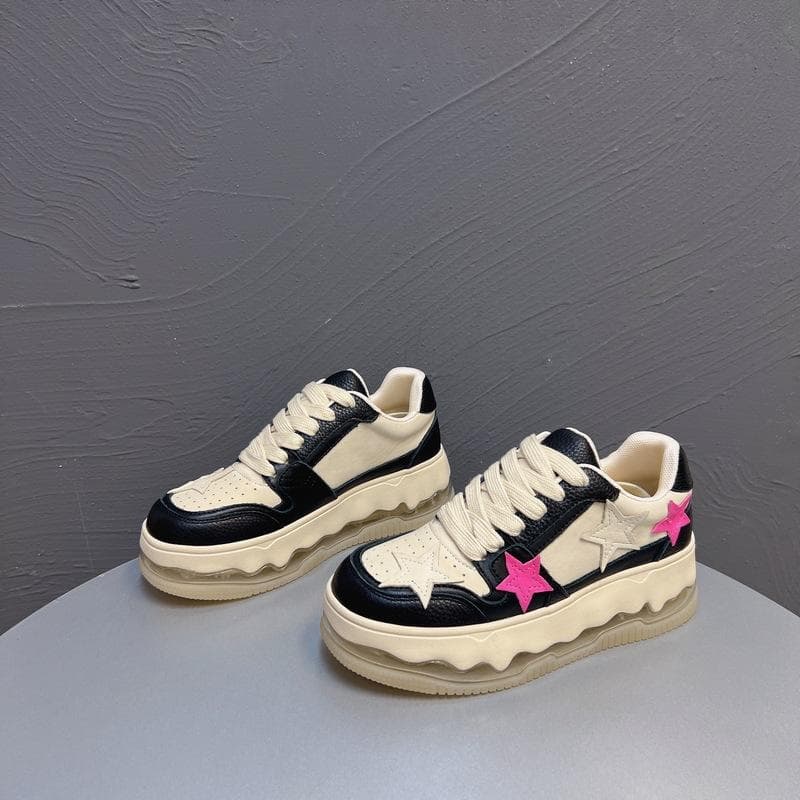 Spring New Style Air Cushion Thick Bottom Casual Sports White Shoes for Women Leather Stars 40 black