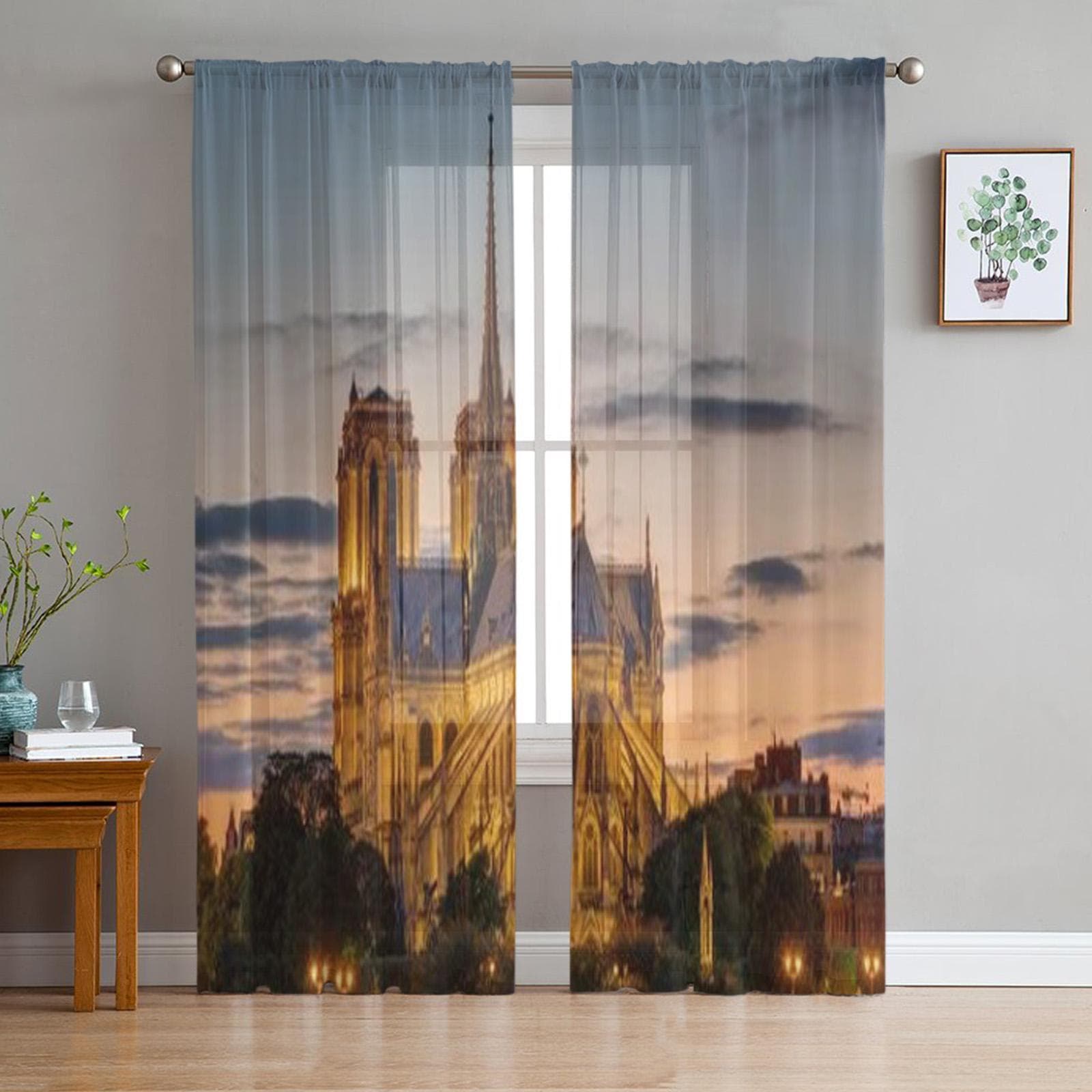 Famous Notre Dame Cathedral In Paris At Dawn Chiffon Sheer Curtains for Living Room Bedroom Decor Window Voiles Tulle Curtain 135W x 114H(cm)