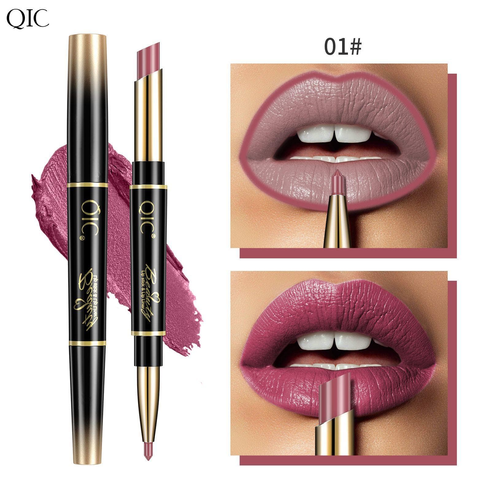QIC Double-ended Lipstick Pen, Waterproof, Long-lasting, Color-producing Two-in-one Slim Tube Lipstick Lip Liner 01