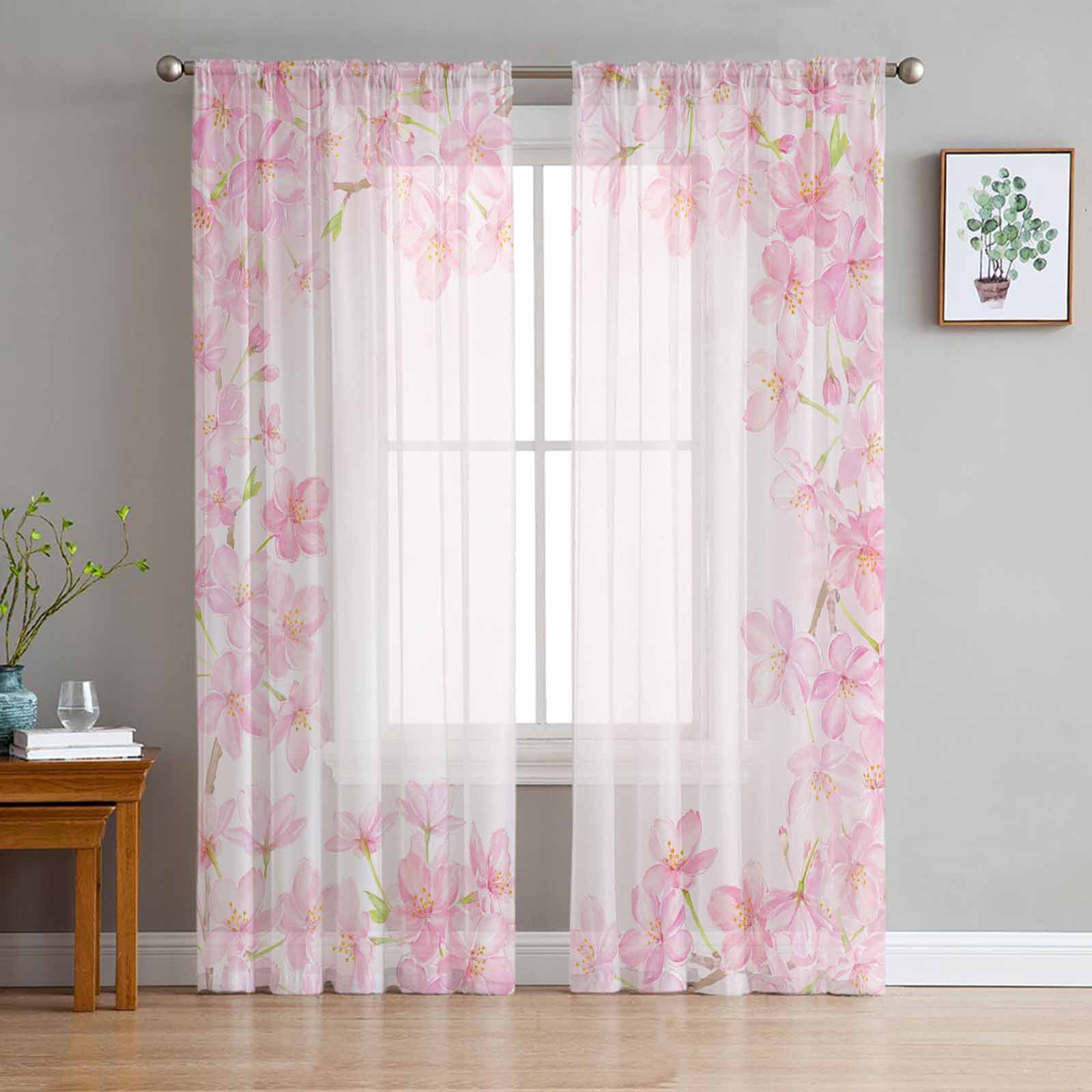 Watercolor Cherry Blossom Border Window Tulle Curtains for Living Room Bedroom Hotel Luxury Decoration Sheer Curtains 135W x 114H(cm)