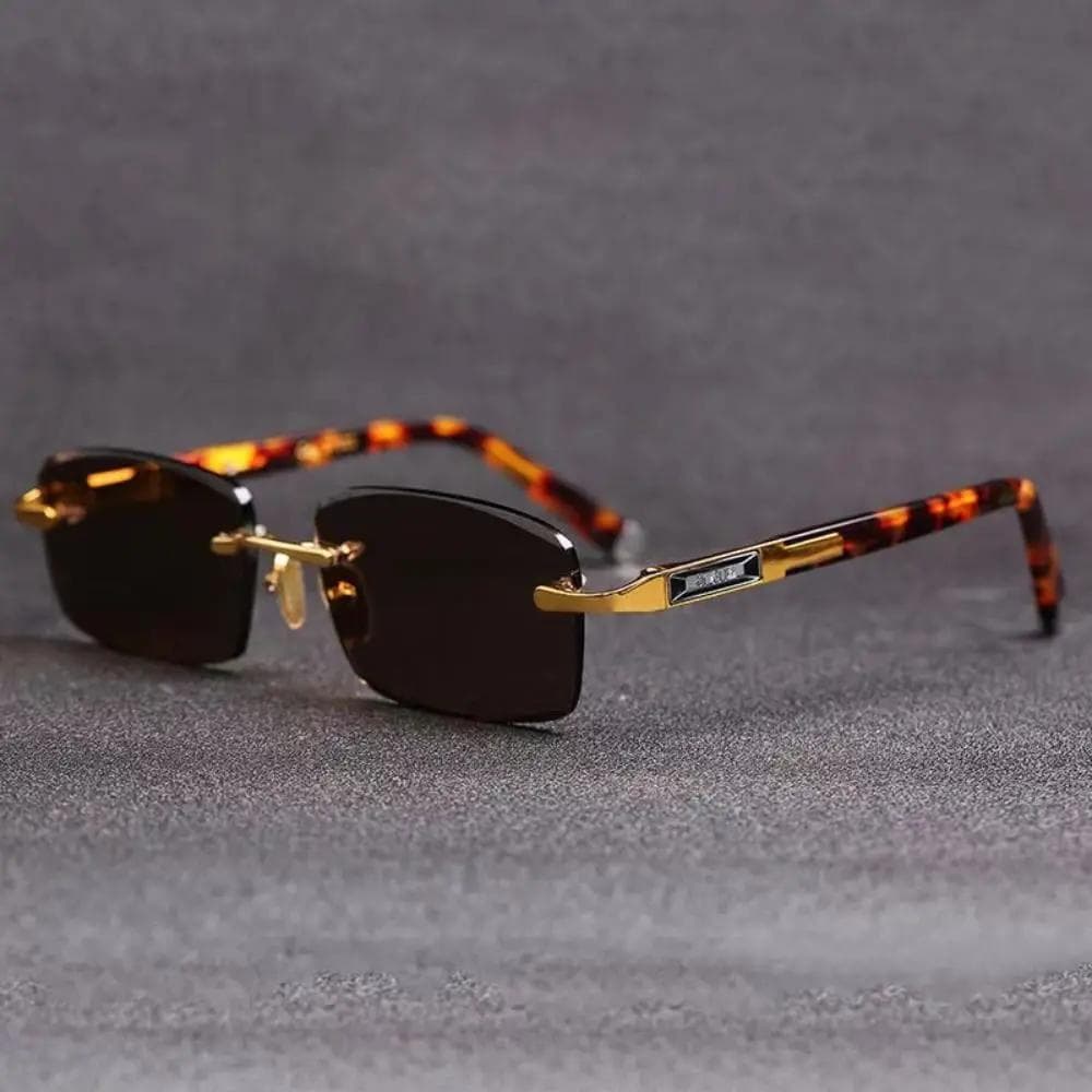 Retro Frameless Men's Sunglasses Green Crystal Stone Cycling Leopard Print UV400 Eyewear for Outdoor Driving 1PC