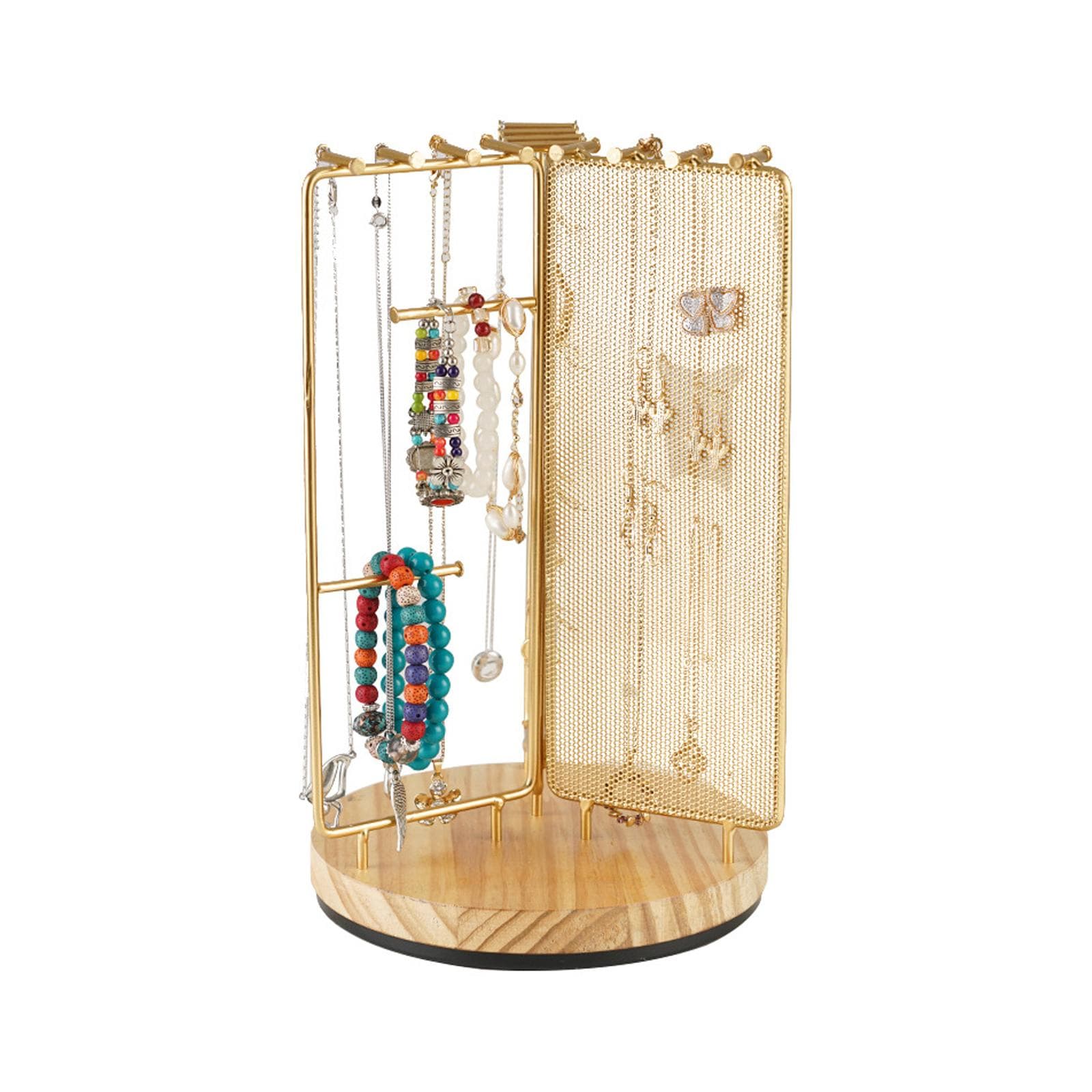 3 in 1 Jewelry Stand Display Multi Tiers Wooden Swivel Base Jewelry Display Holder for Necklace Gold