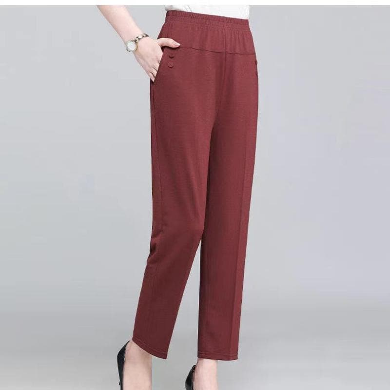 Summer Ice Silk Thin Casual Pants, Casual Straight Nine-inch Pants, Loose High-waisted Elastic and Tight-waisted Women's Pants L red