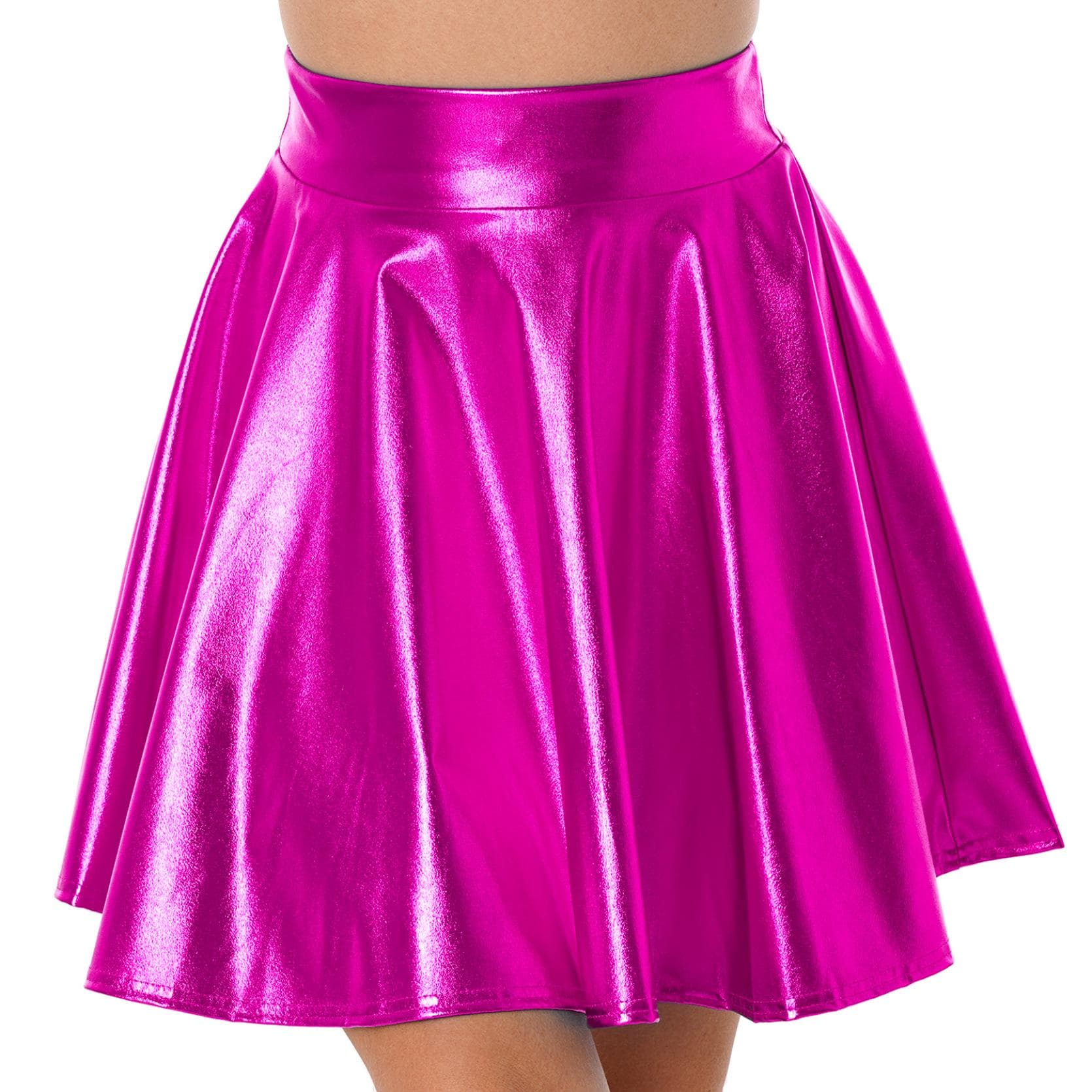 Womens Shiny Metallic Ruffle Glossy Mini Skirts Punk Party Clubwear Streetwear High Waist Flare Skirt Rave Cocktail Costume M hot pink