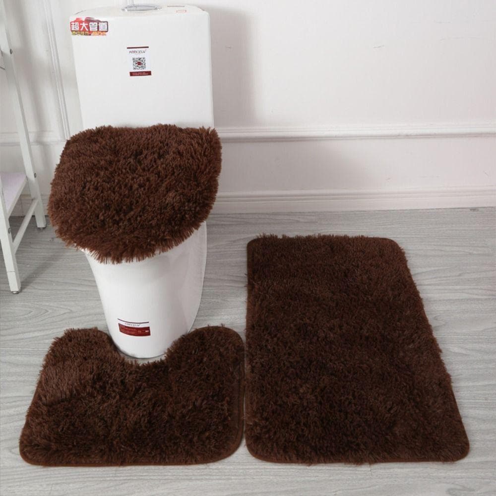 3pcs/set Fluffy Hairs Toilet Lid Cover Rugs Solid Color Shower Carpets Sets Shower Room coffee