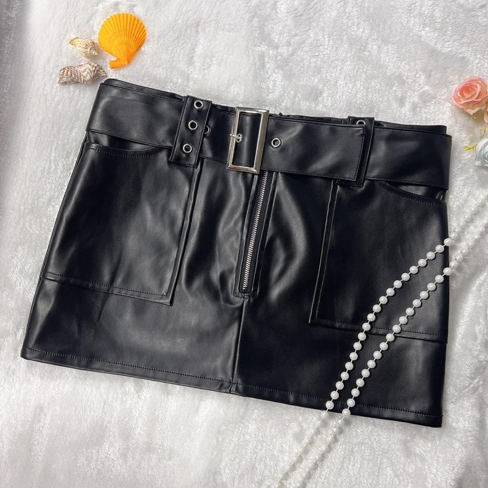 Women's Hip Skirt Retro Nightclub Sexy Low Waist PU Leather Skirt XL black