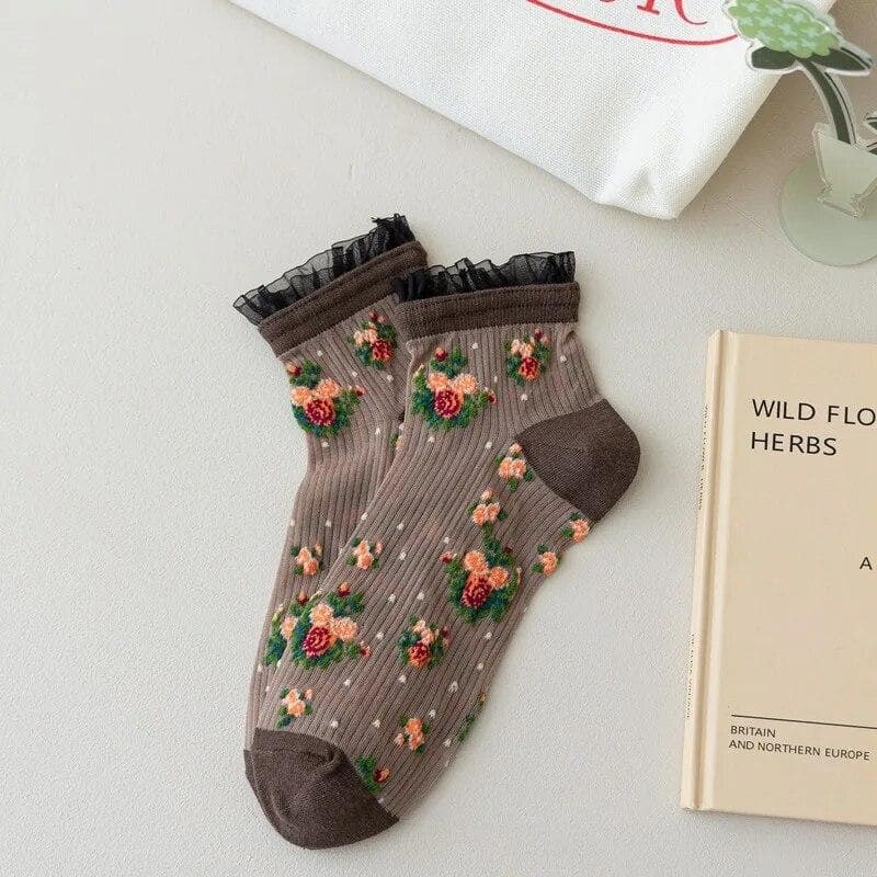 Japan Style Lace Ruffle Socks Flower Embroidery Harajuku Retro Women Short Socks Summer Ultra-thin Transparent Crystal Silk Sock One Size coffee
