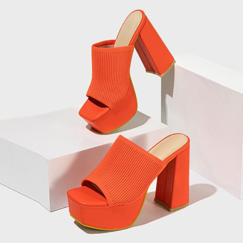 Liyke Summer Cozy Orange Knitting Stretch Fabric Women's 11.5CM Thick High Heels Chunky Platform Slippers Sandal Female Shoes 38 orange