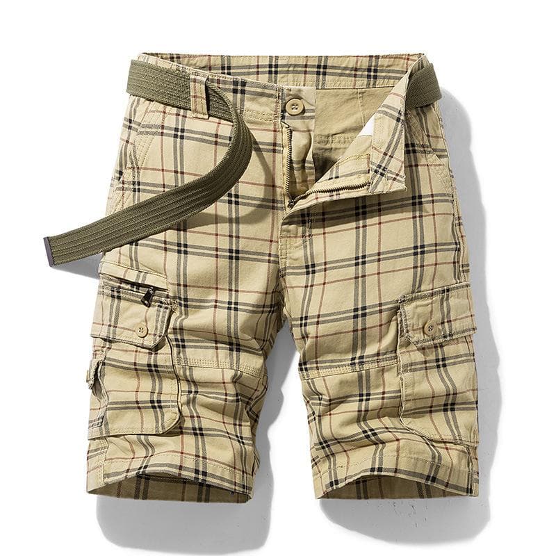 Summer Cotton Men's Shorts Casual Sports Workwear Five-point Pants Plaid Slim Multi-pocket Pants S khaki