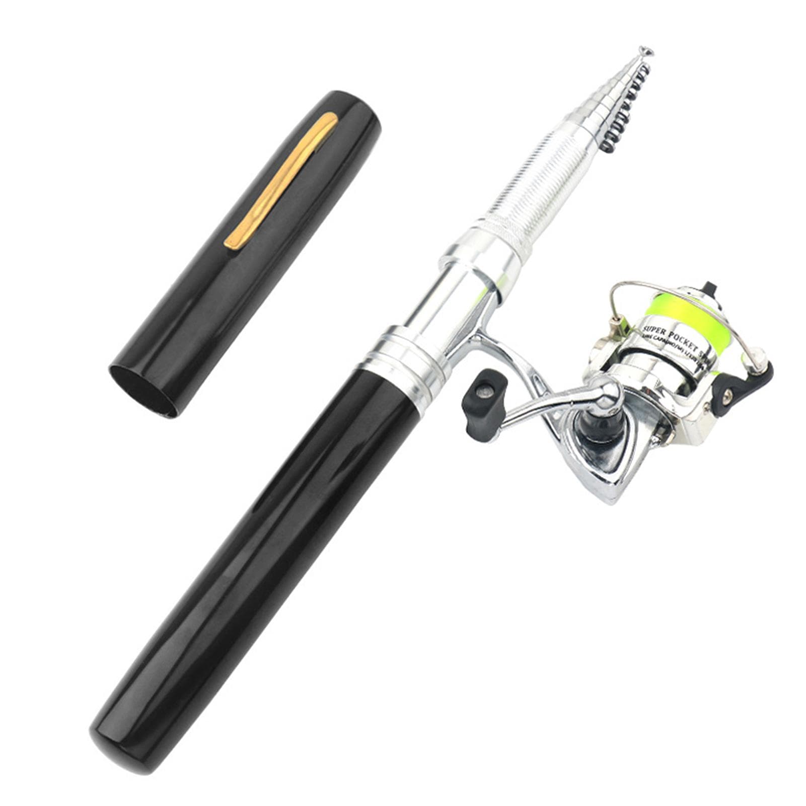 Portable Pen Shape Fishing Rod Telescopic Aluminum Alloy Fishing Pole + Metal Fishing Reel Spinning 2.1m black