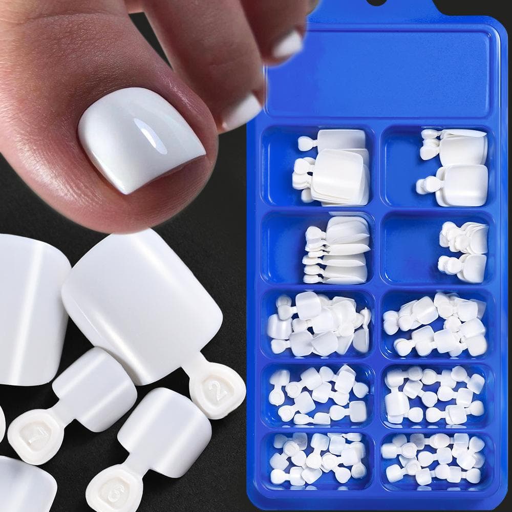 100Pcs Glossy False Toe Nails 12-Sizes /Box White Press On Nails Full Cover Short Square Fake Toenails Artificial Pedicure For Women Girls white