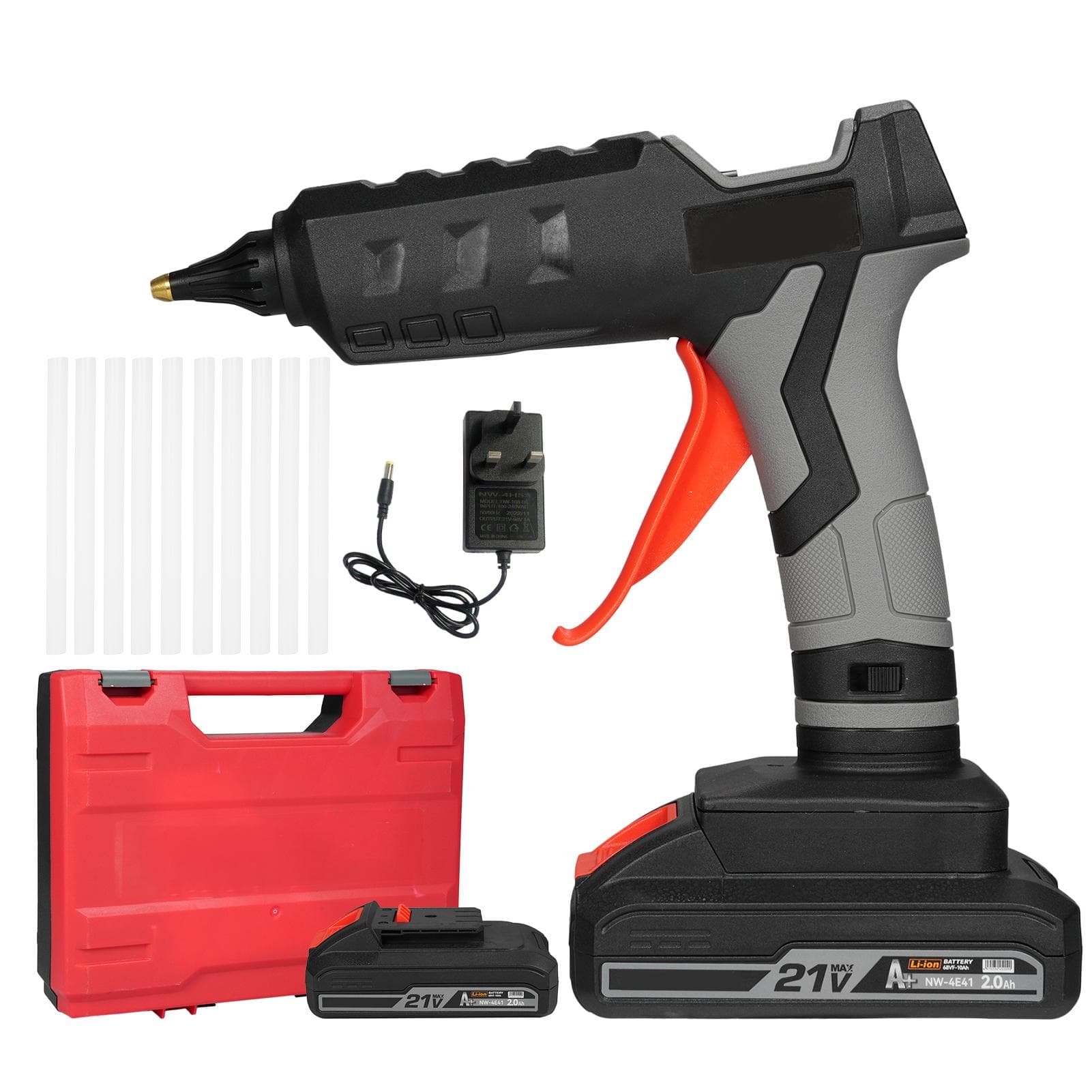 21V 60W Electric Hot Melt Glue Machine Portable Cordless Lithium Glue Extrusion Tool Applicator UK Plug & 2 Battery multicolour