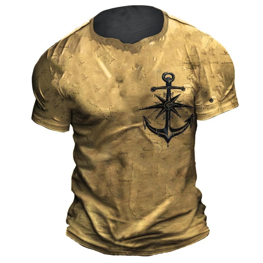 Vintage Men's T-shirt Summer American Shirt Tops Compass Printed Short-sleeve Tees Loose Daily Men Clothing Casual Streetwear 5XL