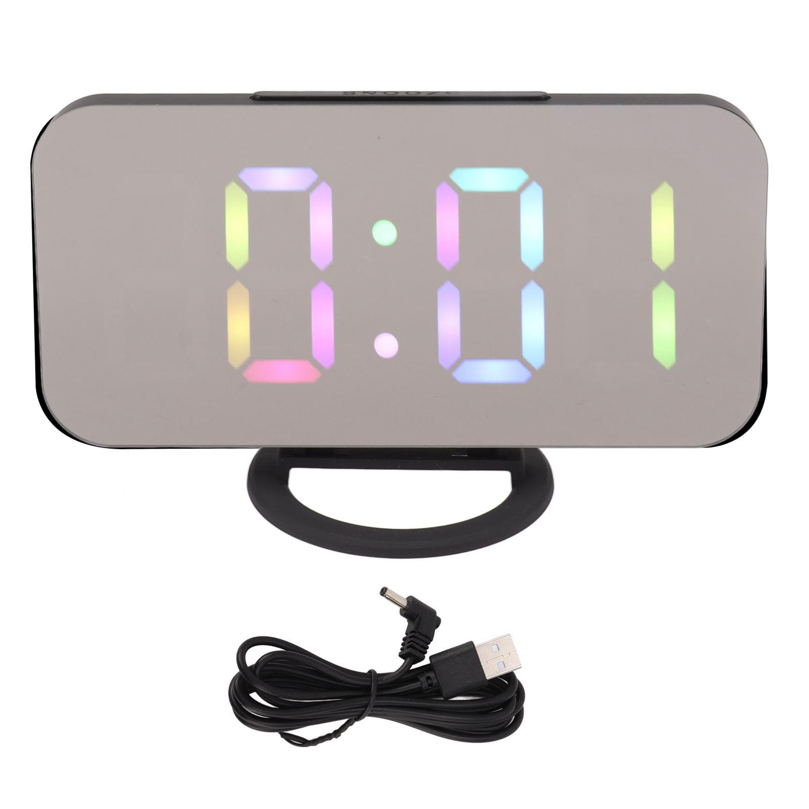 LED Mirror Digital Alarm Clock Large Adjustable Brightness Colorful RGB Display Beside Digital black