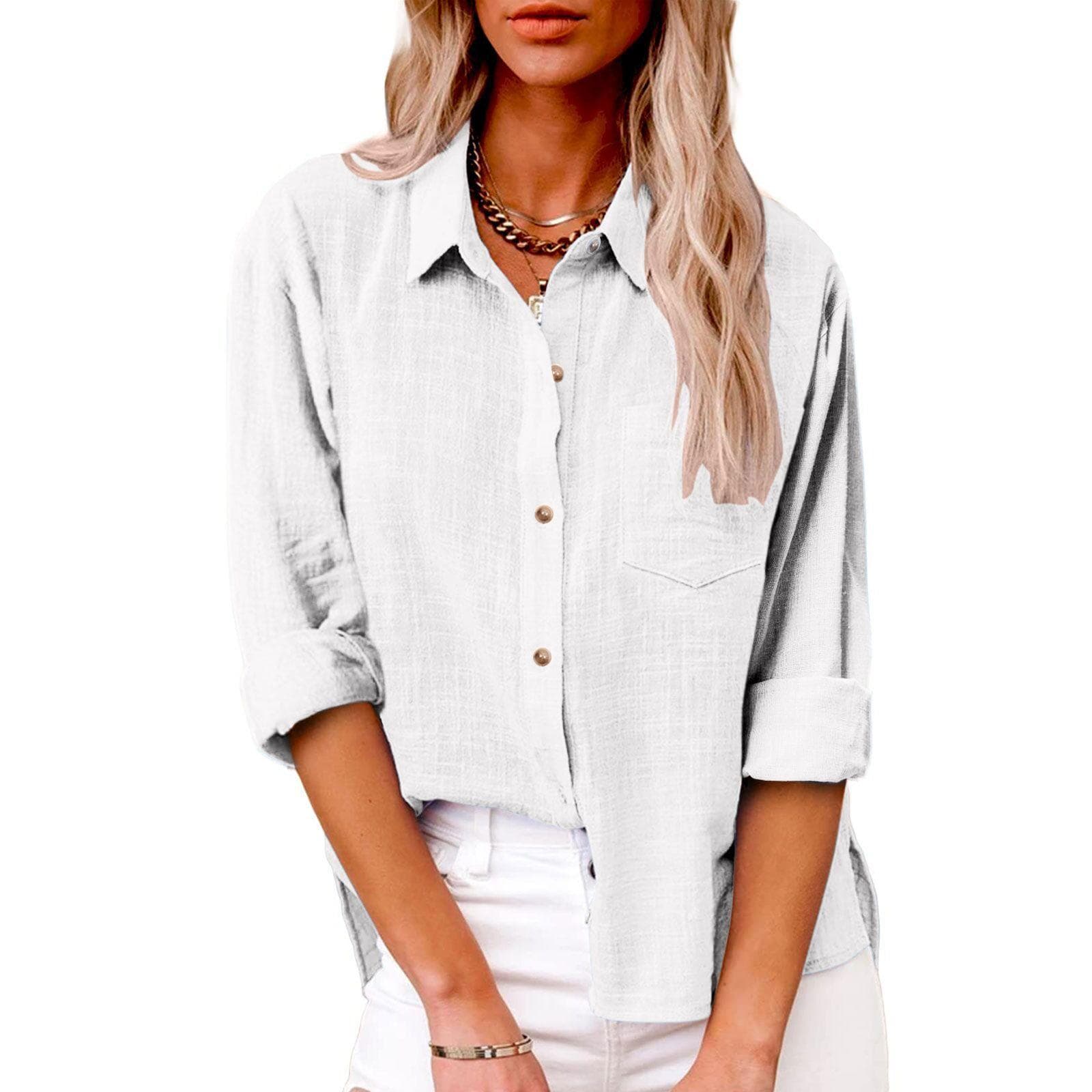Thin Fabric Spring Autumn Pocket Split Long Sleeve Blouse Women's Breathable Soft Top Plus Size Cotton Linen Shirt L white
