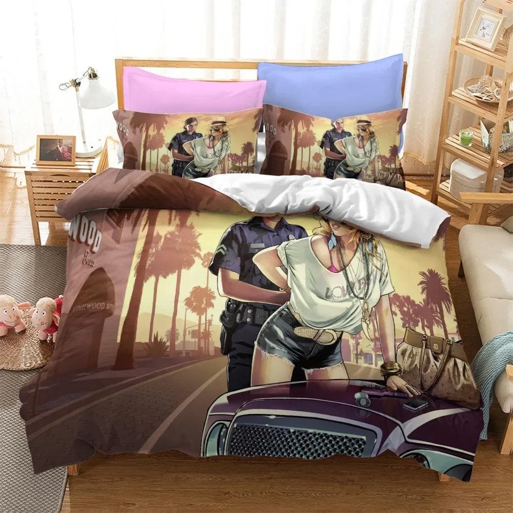 3D Cartoon Game Grand Theft Auto Duvet Cover with Pillow Cover Bedding Set Single Double Twin Full Queen King Bed Set Room Decor EU Single 135x200cm