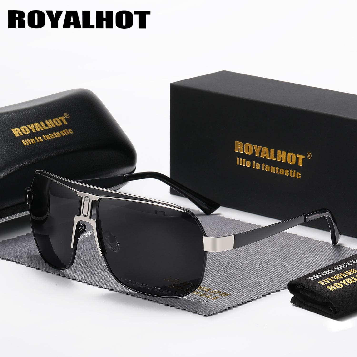 RoyalHot Men Women Polarized Alloy Square Oversized Frame Sunglasses Driving Sun Glasses Shades Male black