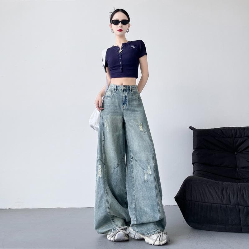 Ripped Jeans for Women Spring Loose Slim High Waist Scimitar Pants for Women Wide-leg Jeans for Women Ripped Jeans XL